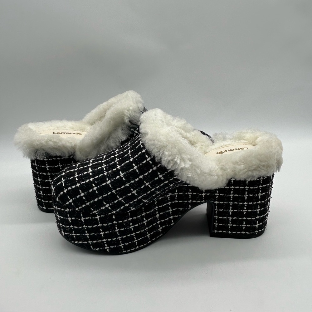 Larroudé Miso Clog Tweed Black Platform Shearling Lined Heels Size 9.5 NWB - Picture 12 of 14